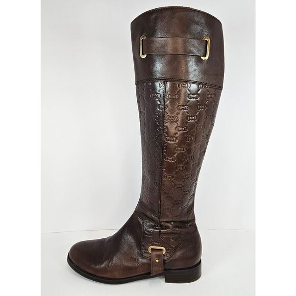 Etienne Aigner Designer Leather Embossed LOGO Brown Tall Riding Boots Size 6.5M - Picture 1 of 10